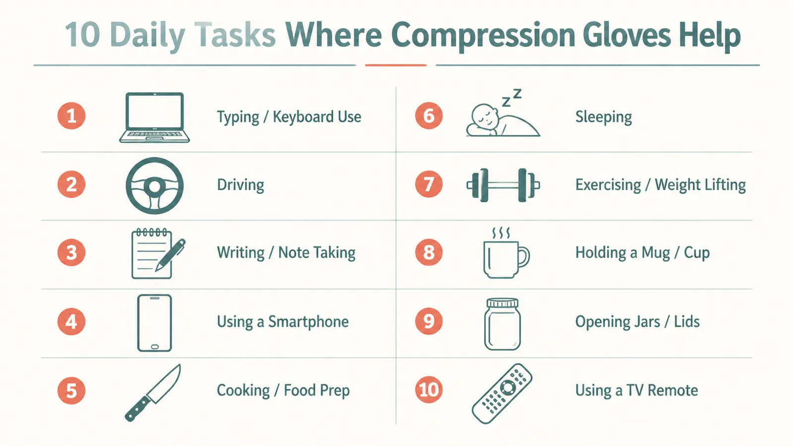Illustrated infographic showing 10 daily tasks made easier by compression gloves including typing, driving, cooking, and writing