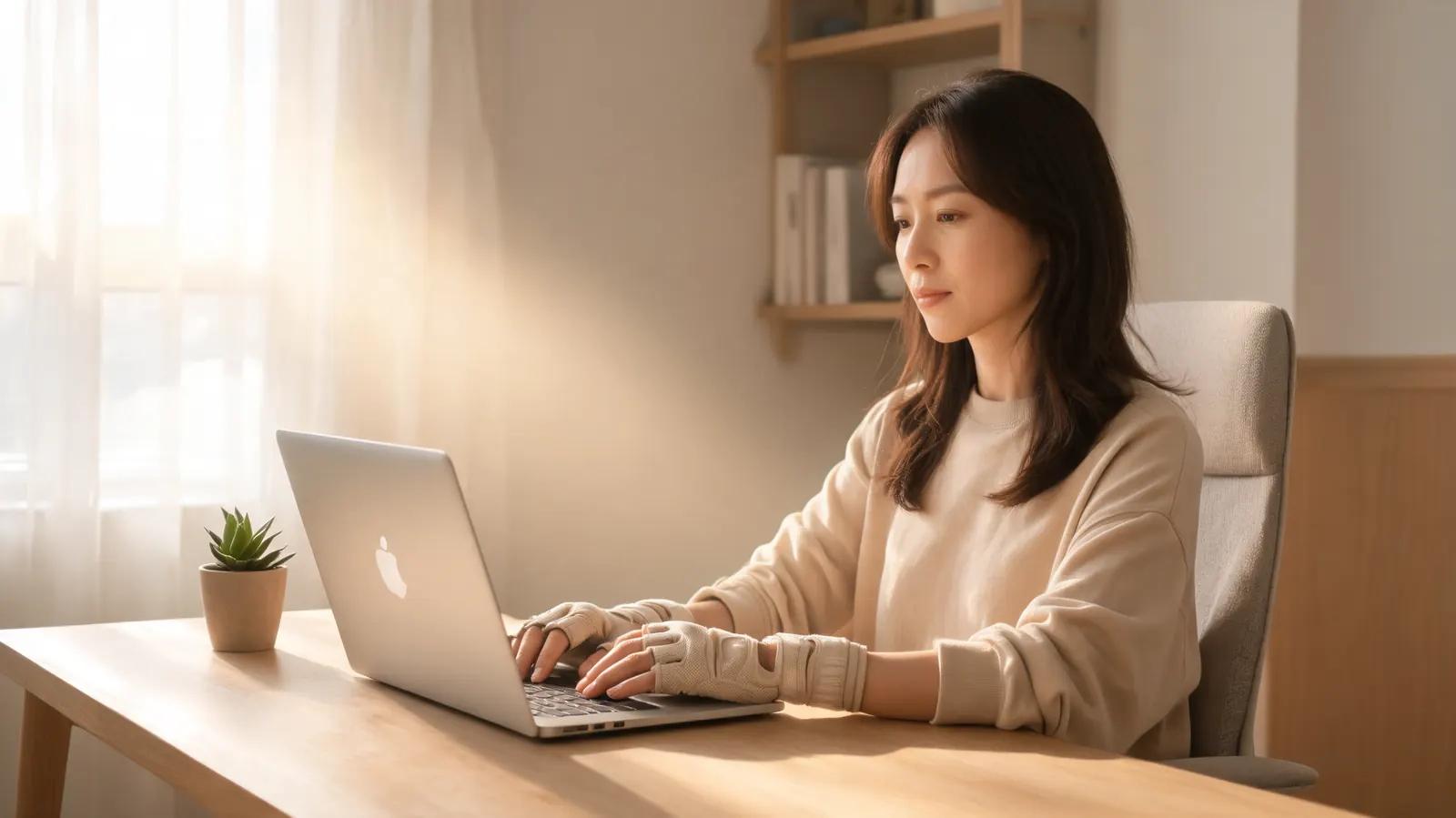 Young woman in her 30s wearing open-finger compression gloves typing on a laptop in a bright modern home office