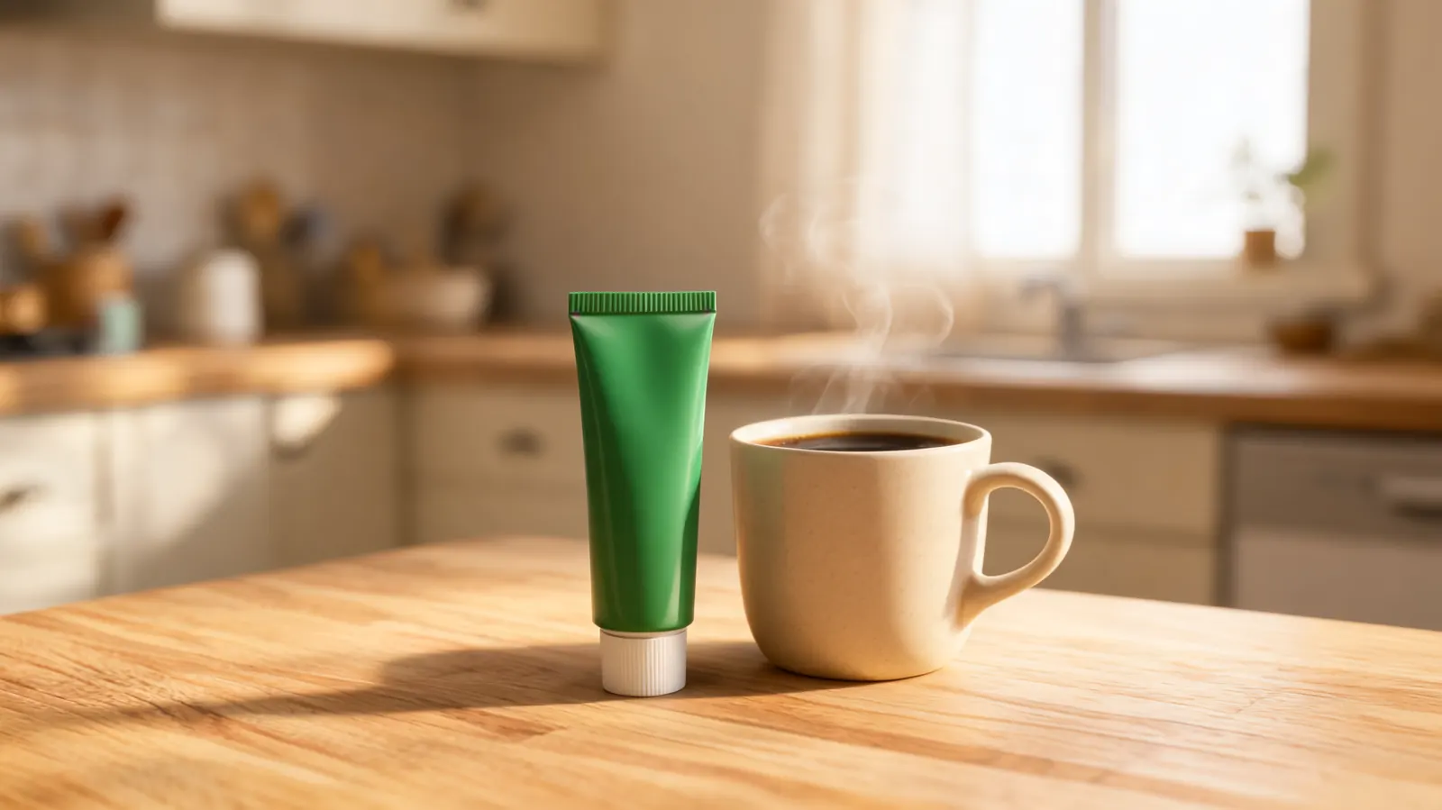 A green tube of Biofreeze pain relief cream sitting on a kitchen counter next to a coffee mug, soft morning light coming through the window