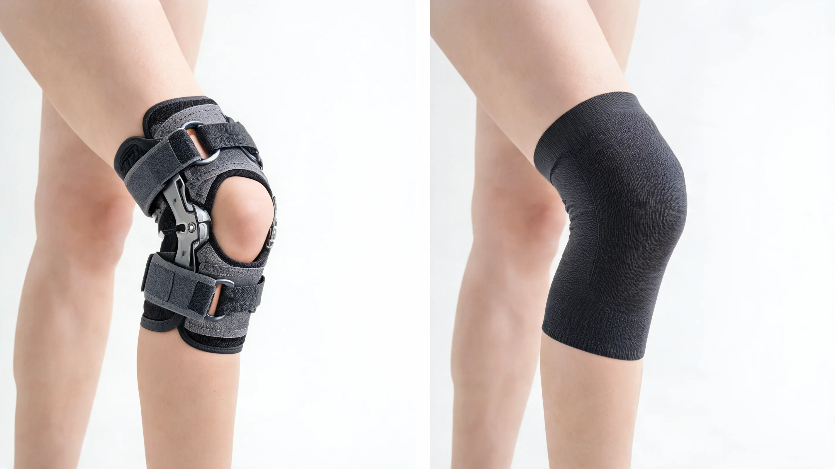 Hinged knee brace and compression sleeve side by side comparison