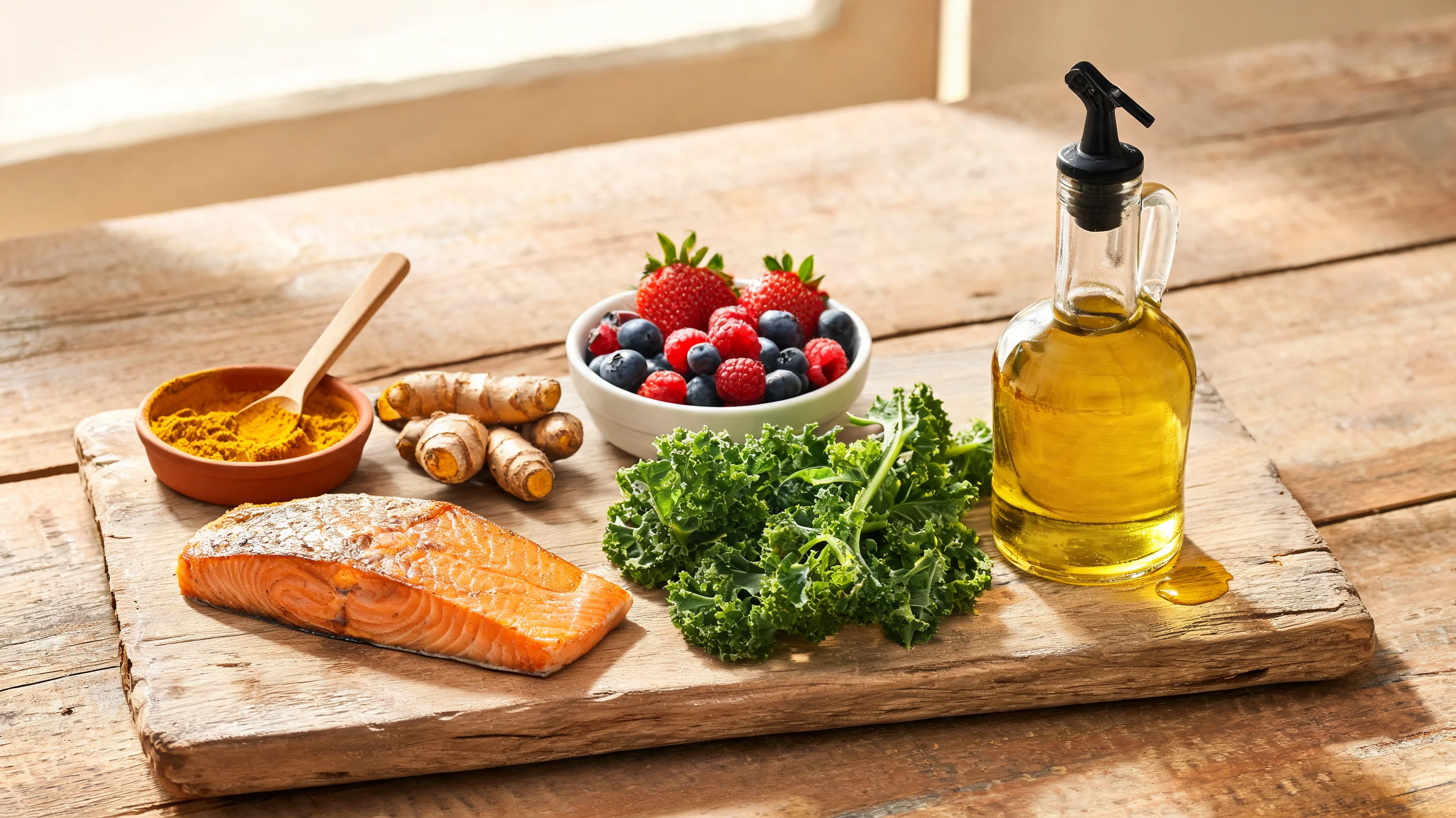 Anti-inflammatory foods on rustic wooden board for arthritis diet