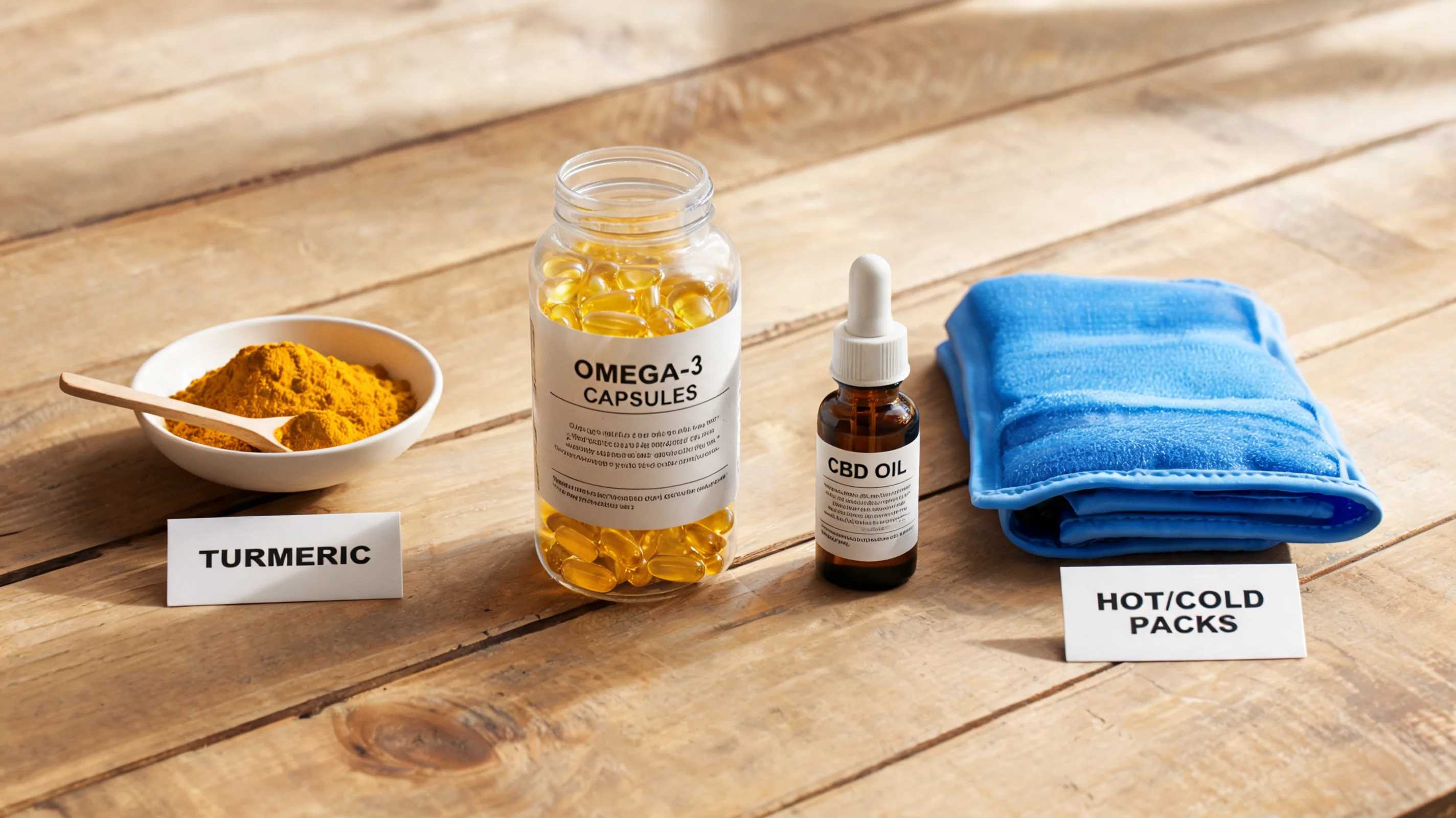 Natural remedies for joint pain including turmeric, omega-3, and CBD oil