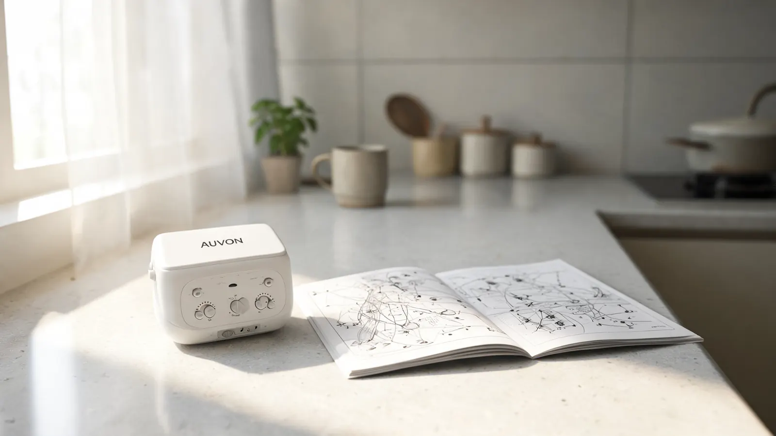 AUVON TENS unit sitting on a kitchen counter with the instruction manual half-open beside it, implying the user had to figure things out on their own