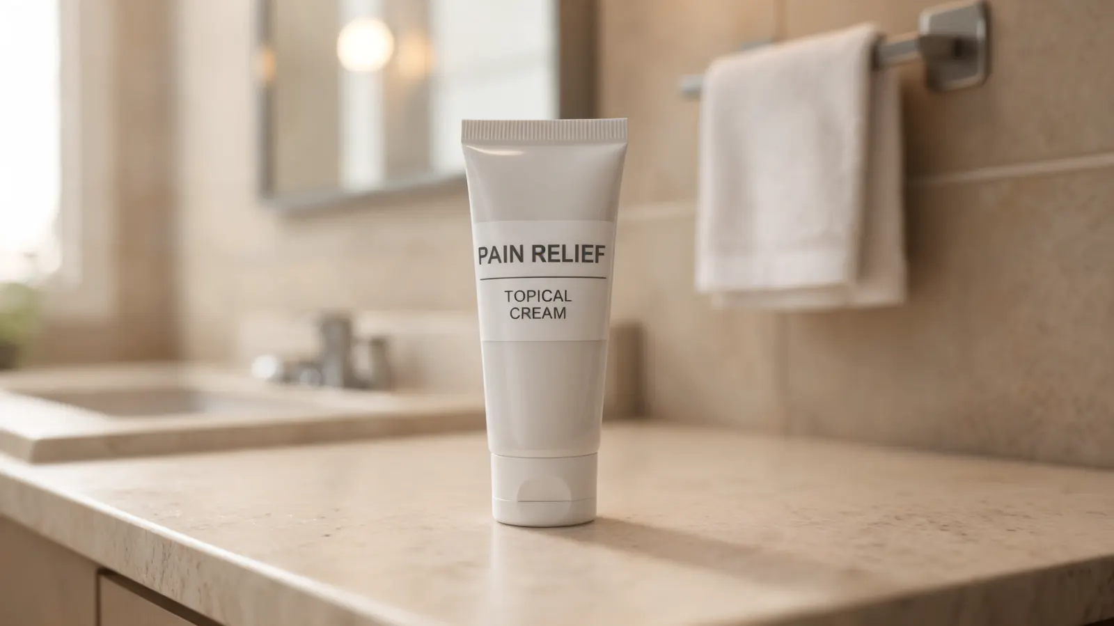 Pain relief cream tube sitting on a white bathroom counter with a mirror and towel in the background, soft morning light