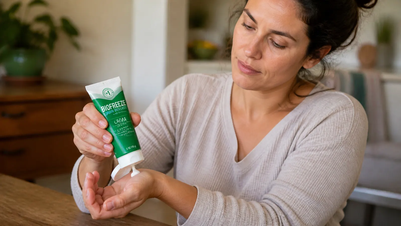 Woman applying Biofreeze cream to her wrist joint while seated, tube visible in her other hand