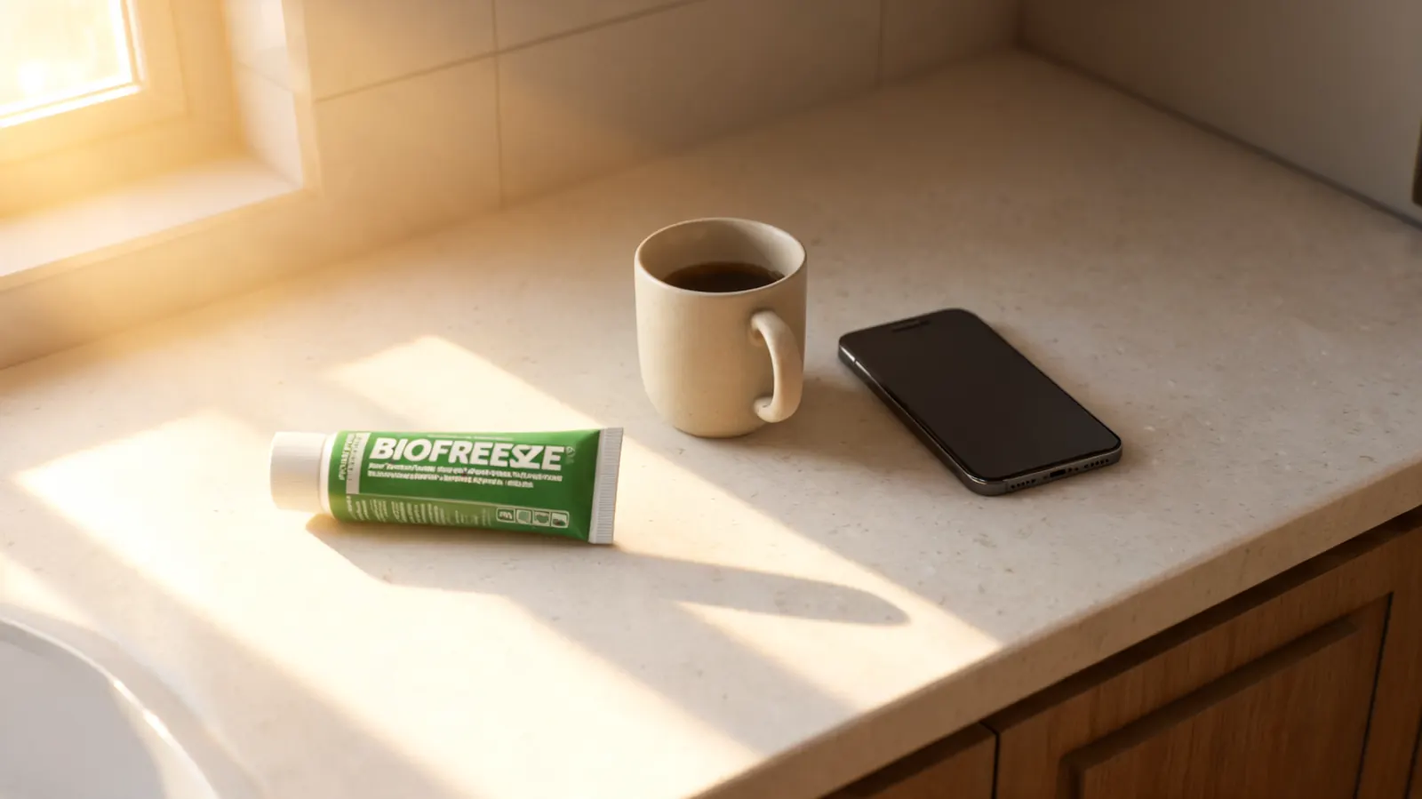 Biofreeze tube resting next to a ceramic mug of coffee and a smartphone on a morning kitchen counter