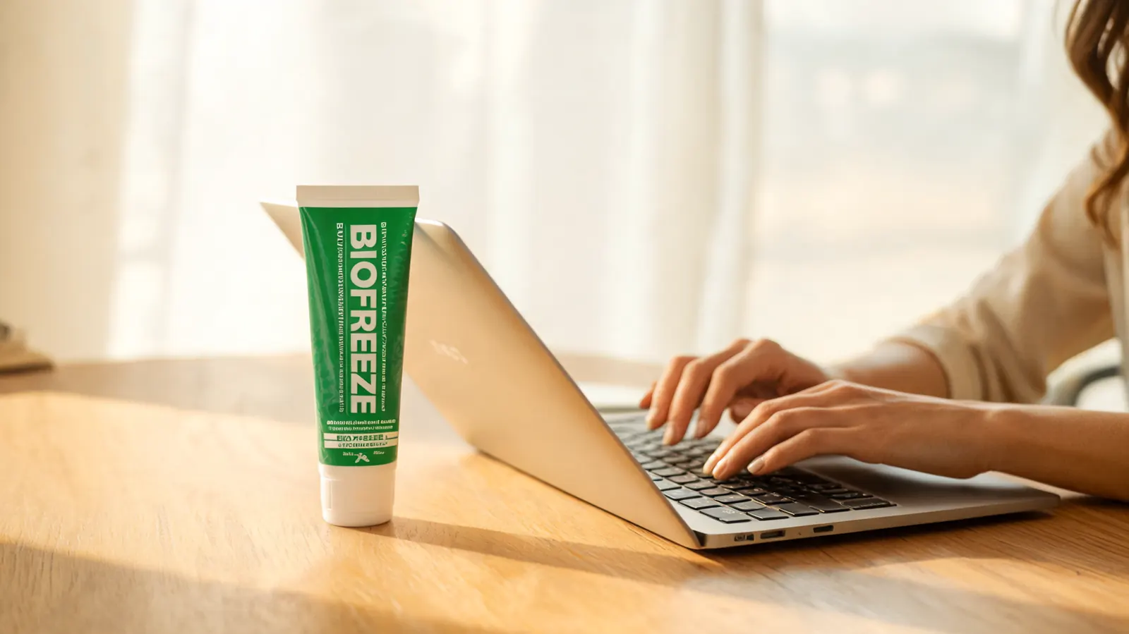 Biofreeze Pain Relief Cream tube sitting on a home office desk beside a laptop, with a pair of hands at the keyboard in soft morning light