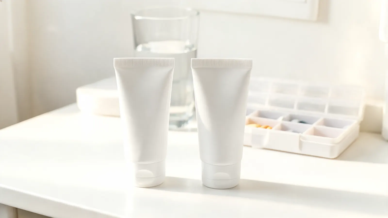 Two tubes of topical pain relief cream on a bathroom counter next to a glass of water and a pill organizer