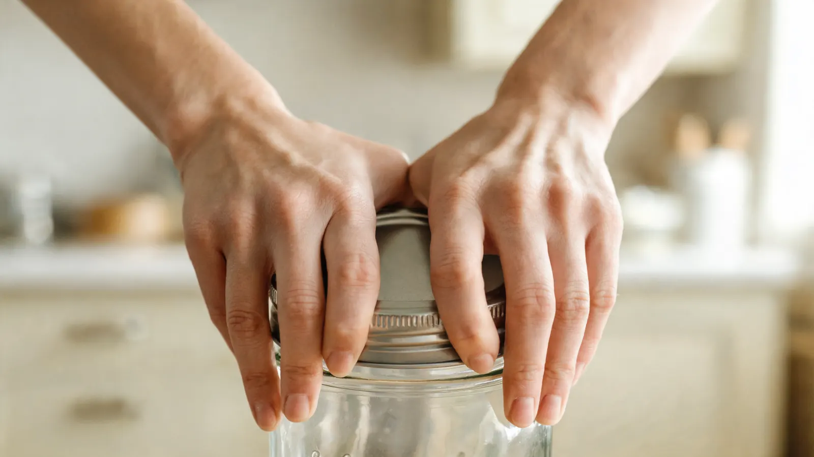 Close-up of hands struggling to grip the lid of a glass jar, knuckles tense, slight frustration visible in the position of the fingers