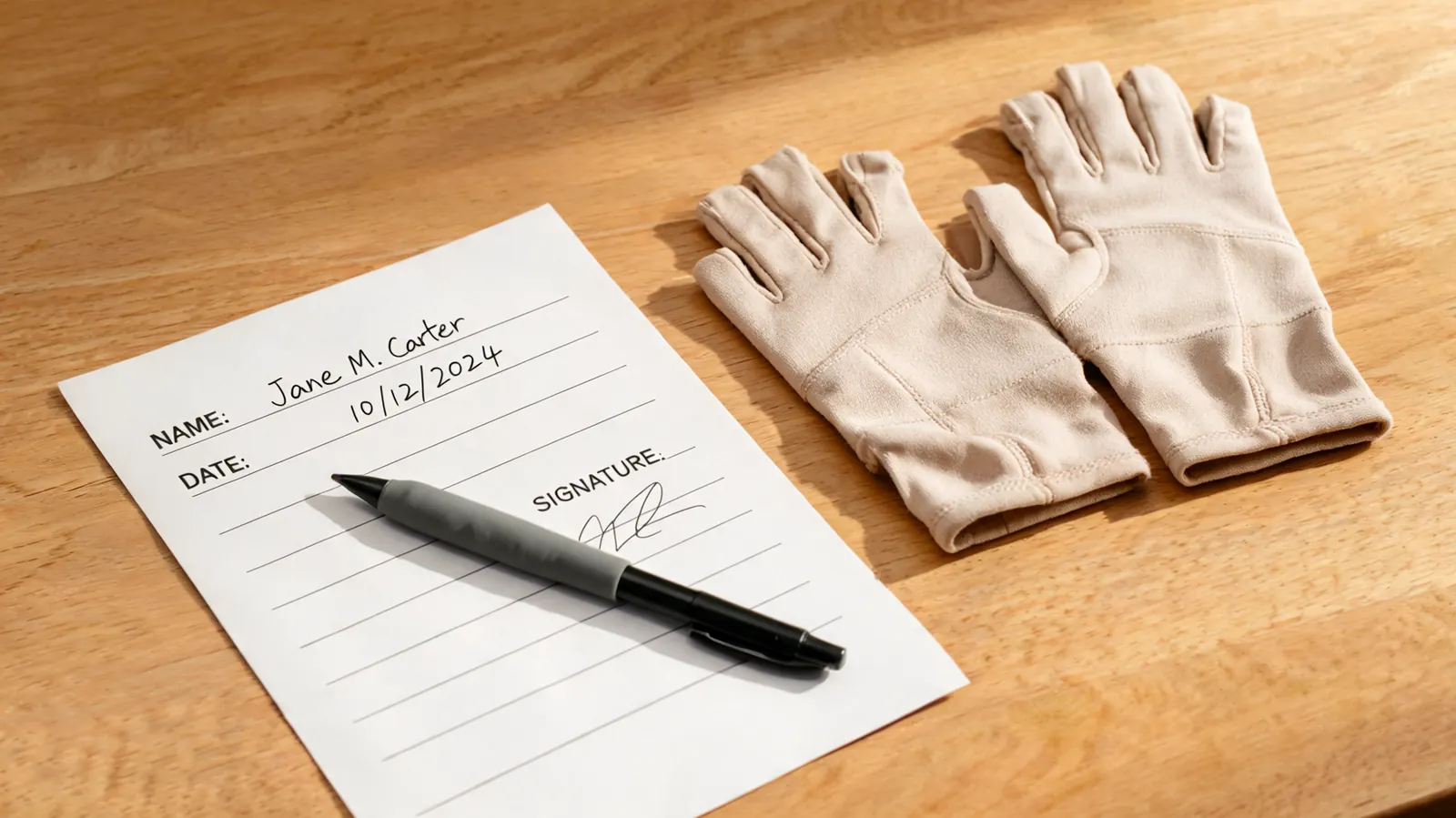 Signed paper document resting on a wooden desk with a pair of compression gloves and a pen placed across the page