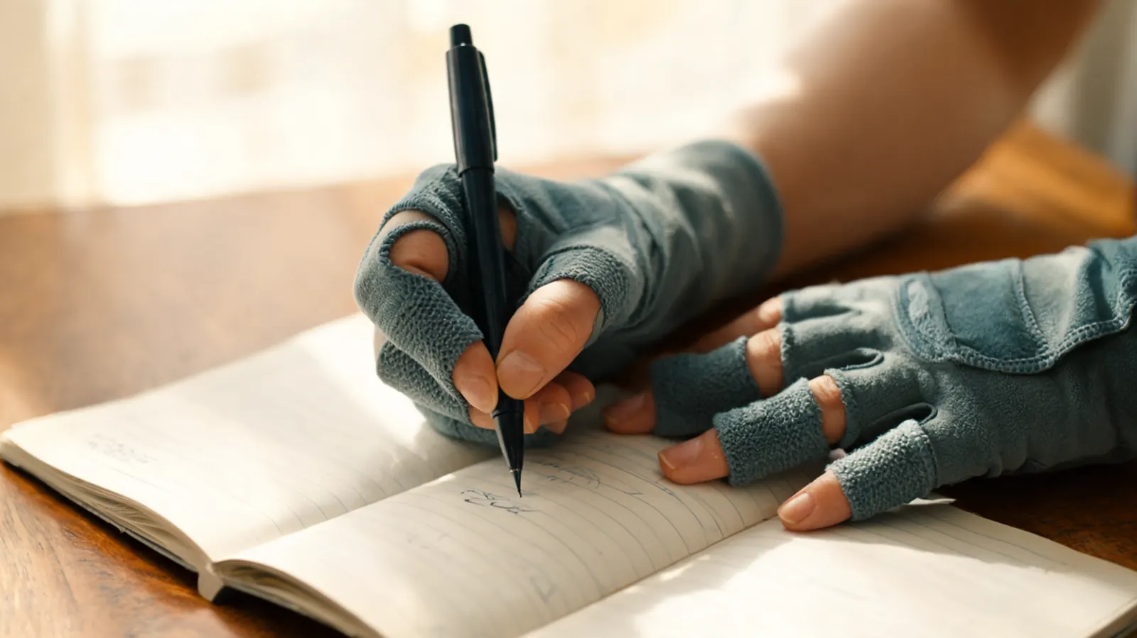 Hands wearing open-finger compression gloves writing in a journal with a pen, soft morning light on a wooden desk