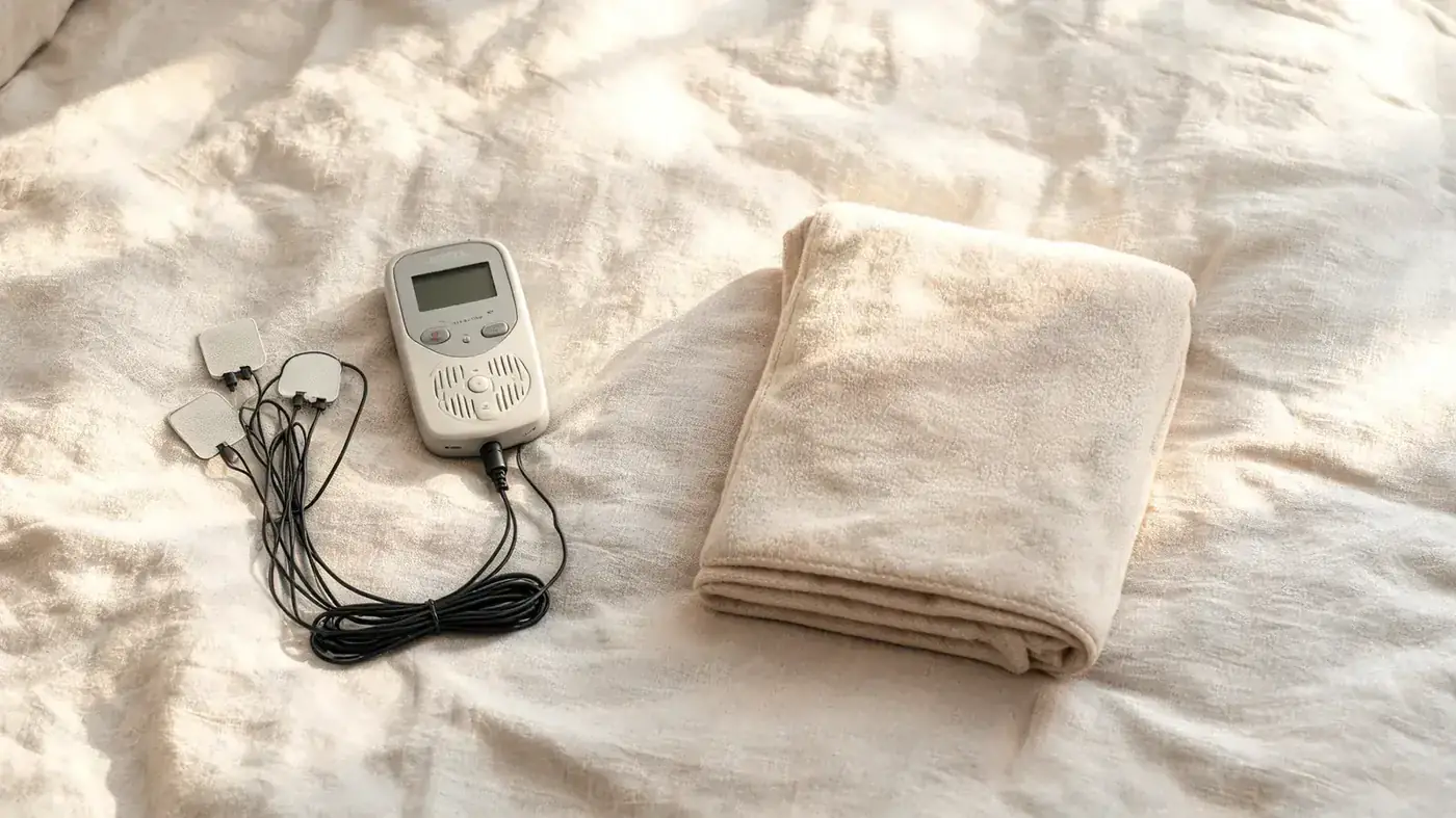 TENS unit device and a heating pad placed side by side on a neatly made bed with soft natural lighting