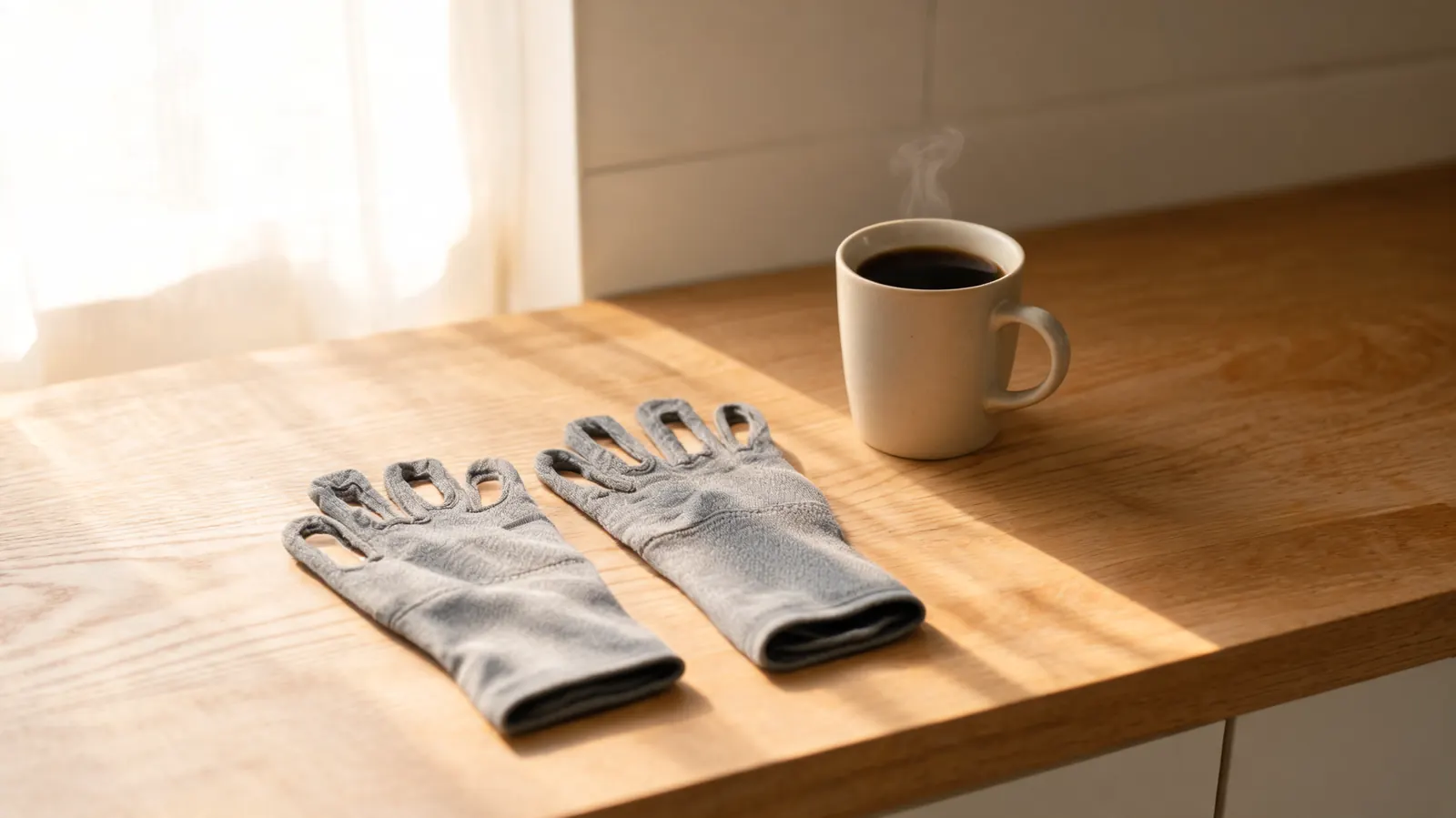 A pair of open-finger compression arthritis gloves resting on a kitchen counter beside a ceramic coffee mug, soft morning light through a window